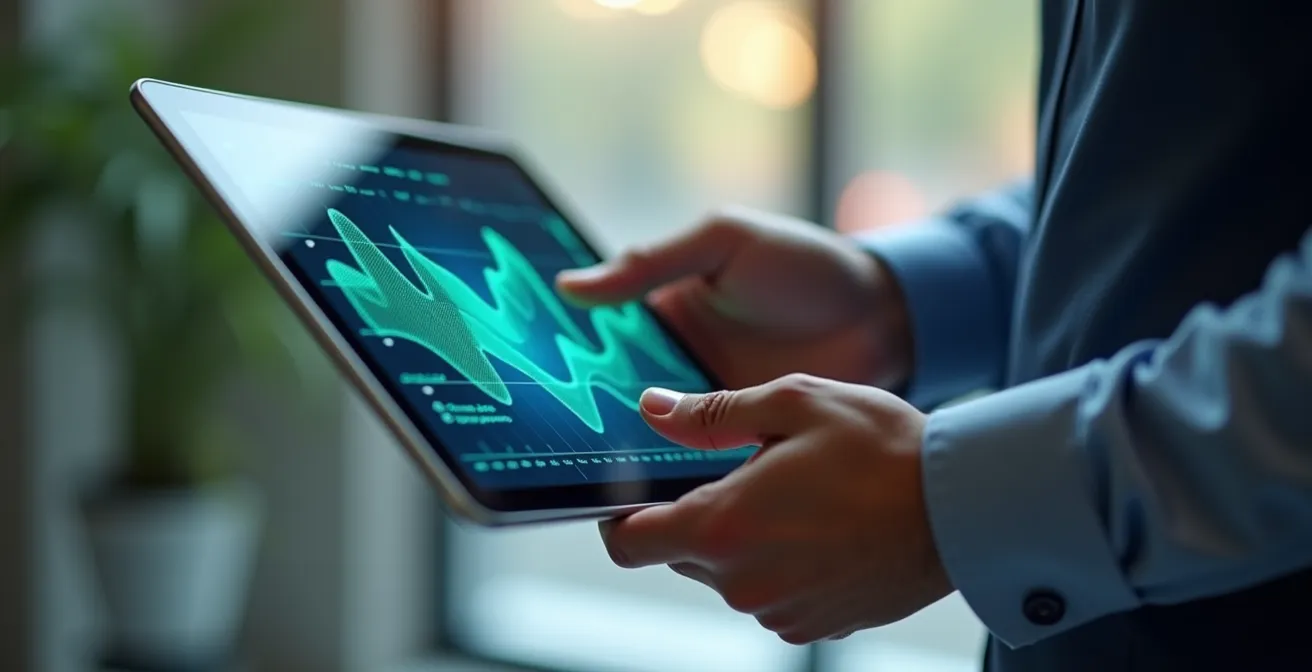 Main d'un analyste financier pointant vers des graphiques abstraits de performance énergétique sur une tablette, avec des courbes de tendance stylisées