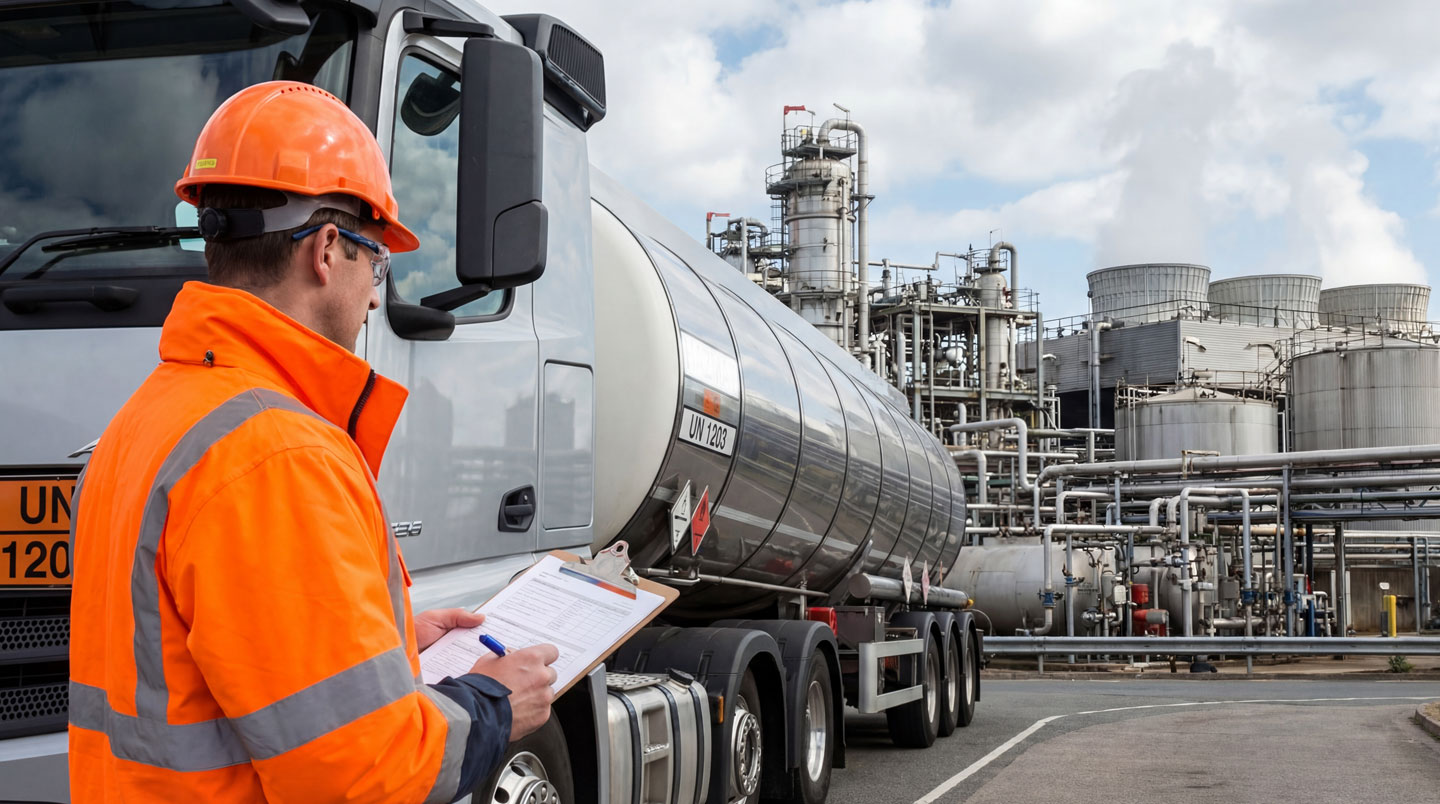 Camion-citerne livrant du gaz propane sur un site industriel avec des opérateurs en tenue de sécurité
