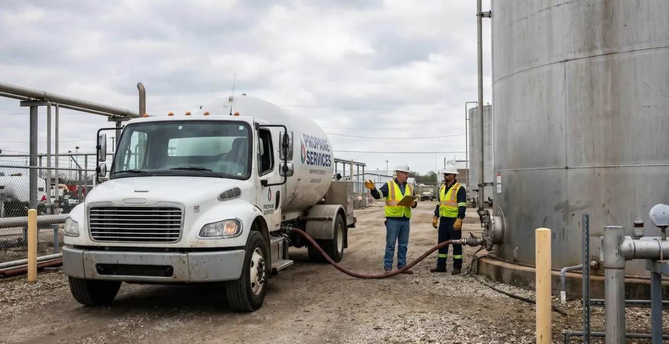 Camion-citerne livrant du gaz propane sur un site industriel avec des opérateurs en tenue de sécurité