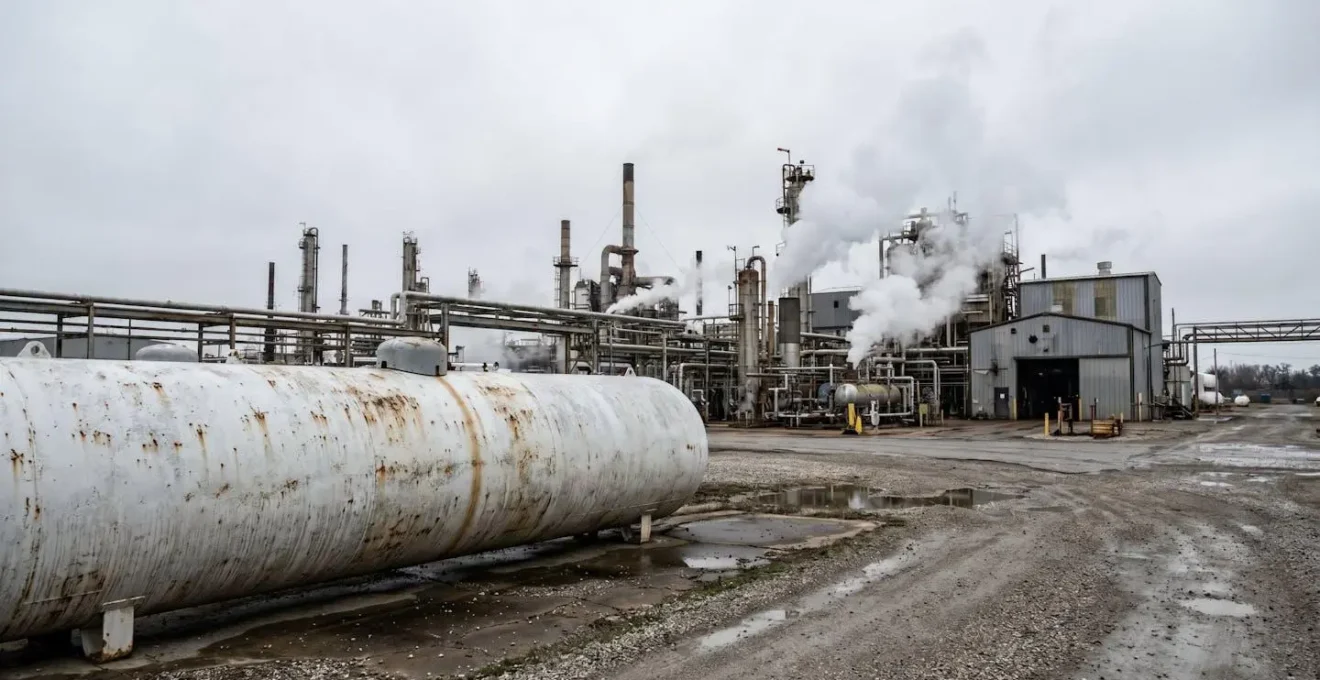 Vue d'une installation industrielle avec une citerne de gaz propane et des équipements de process thermique